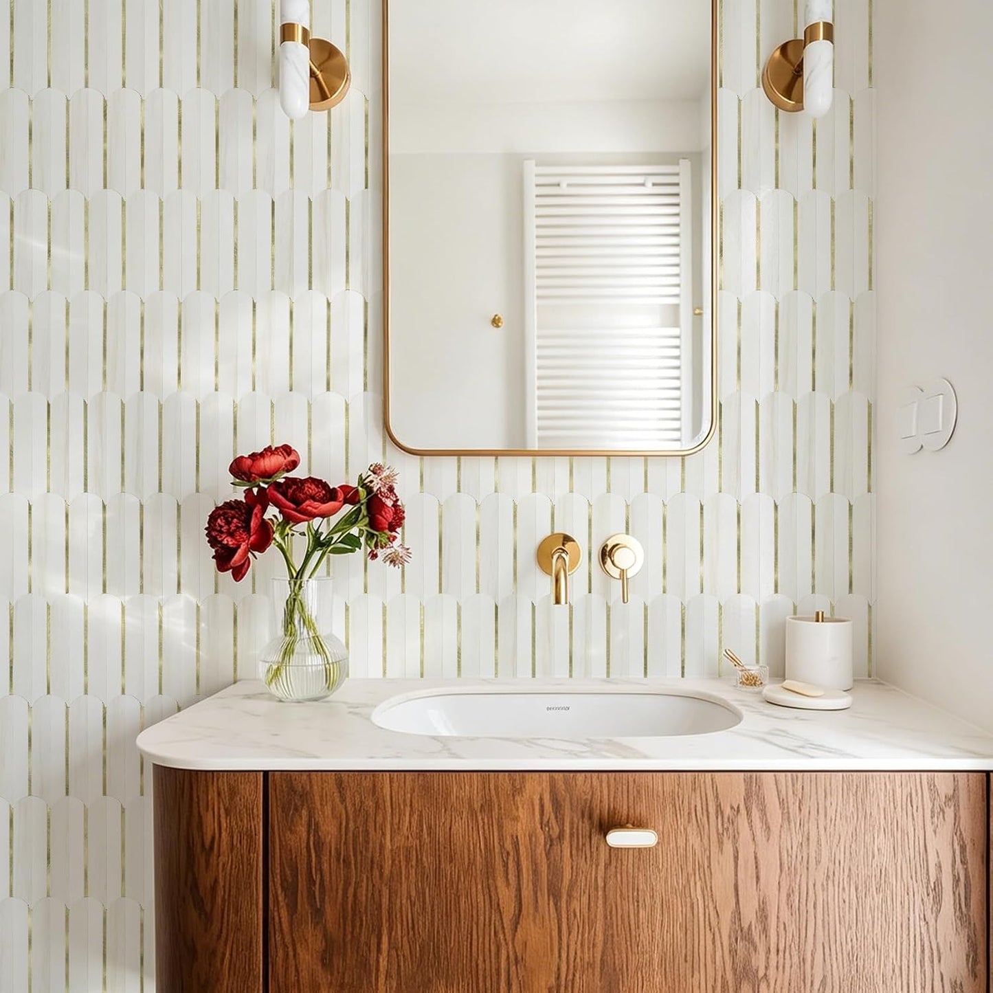Vamos Peel and Stick Backsplash Seamless Tile for Kitchen and Bathroom,White and Beige Slate PVC Mixed Light Gold Self Adhesive Fish Scale Metal Mosaic Tiles (10 Sheets)
