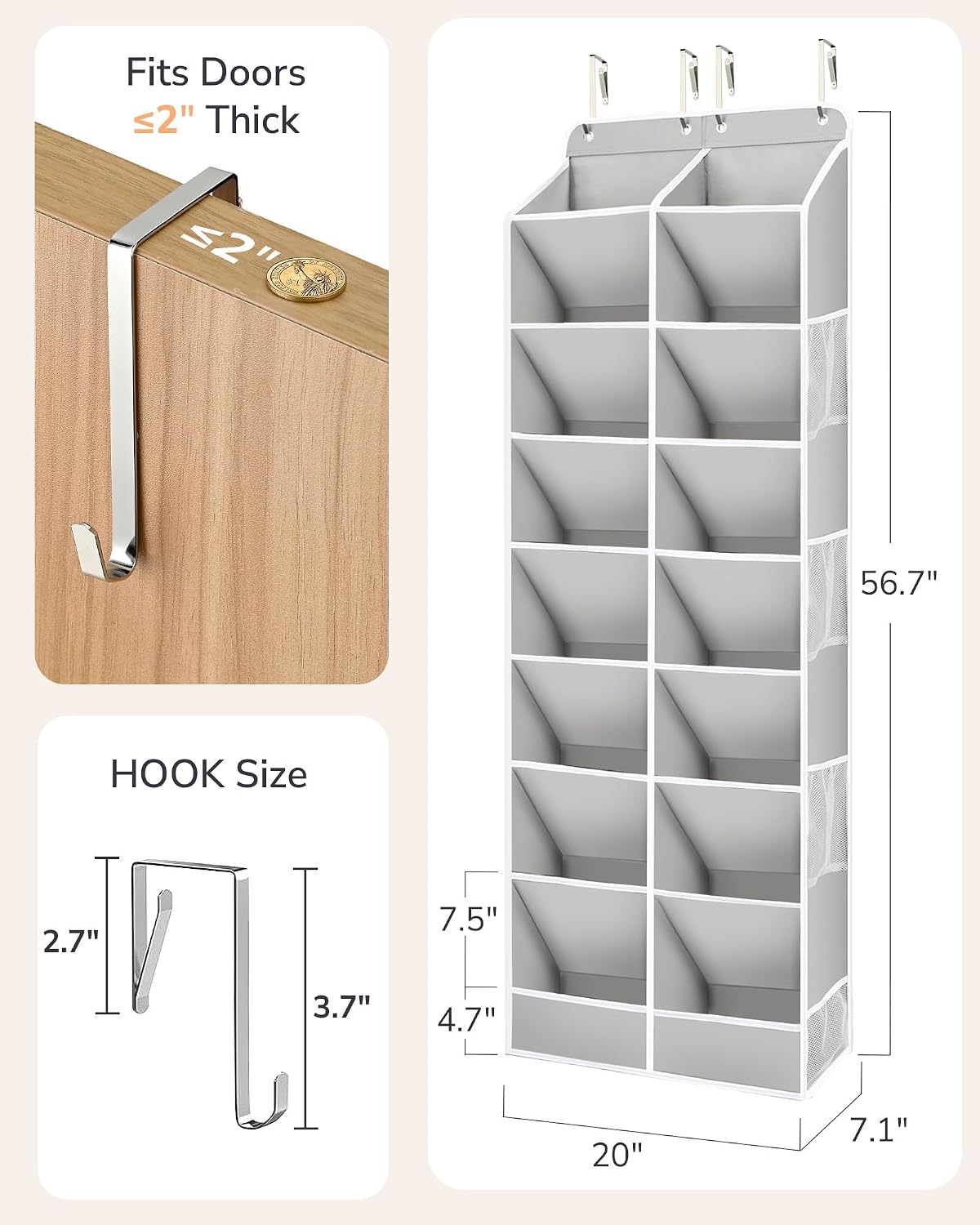 ULG Over The Door Shoe Organizer for Closet Fit 24-32 Pairs with Large Deep Pockets, Narrow Shoe Rack for Door Hanging Boots Storage, Black