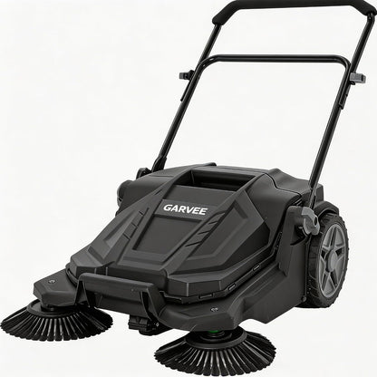 Walk-Behind Outdoor Hand Push Floor Sweeper, 25.6 Inch Wide Manual Non-Electric Sweeper with 5.25 Gallon Waste Bin, Adjustable Folding Handle Heavy Duty Yard Sweeper for Garage Patio Walkway Driveway