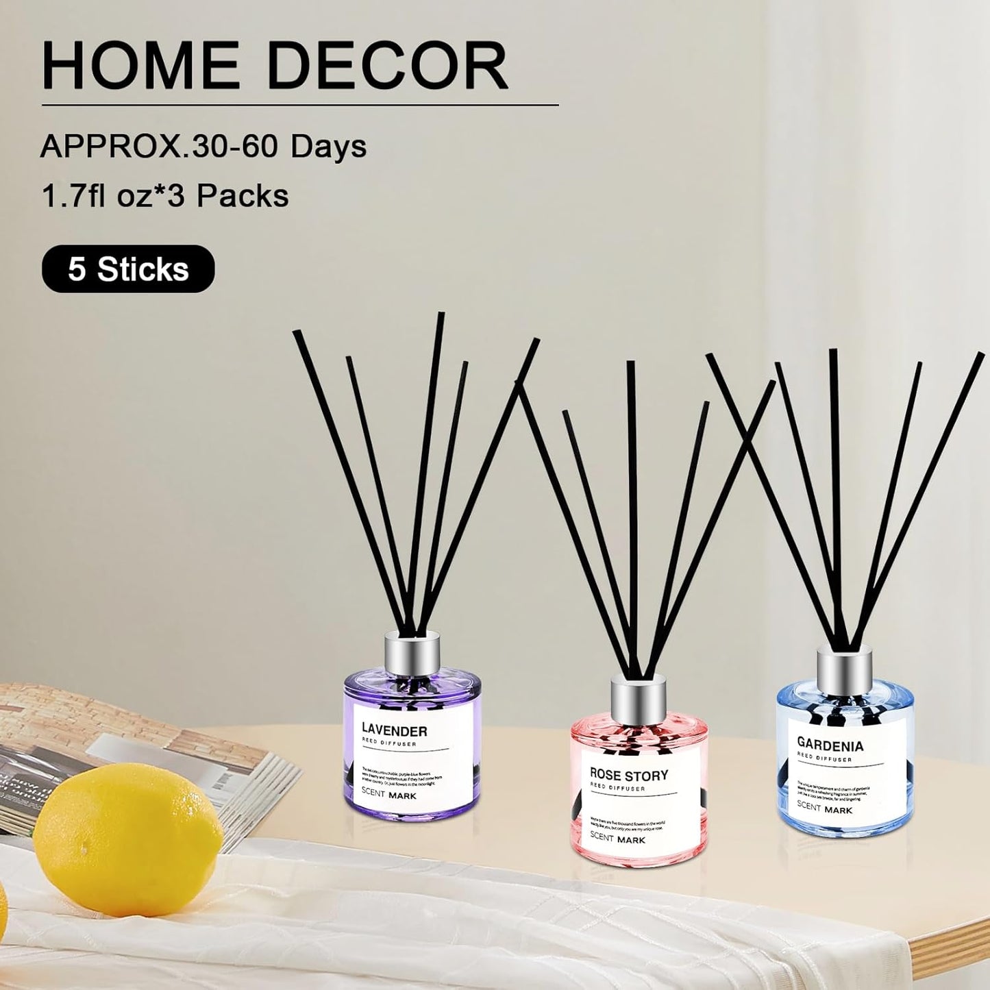 Reed Diffuser Set of 3 Pack,50ML Lavender Jasmine Gardenia Scented Oil Diffuser with 5 Sticks,Home Fragrance Reed Diffuser for Bedroom Bathroom Office (Lavender/Jasmine/Gardenia)