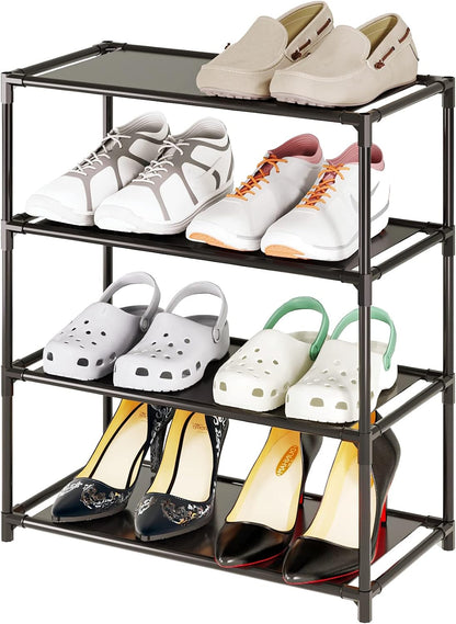 Small Shoe Rack 6-8 Pairs Sturdy Shoe Shelf 4-Tiers Narrow Stackable Shoe Organizer,Lightweight Kids Shoe Racks for Entryway, Doorway and Closet（Black）