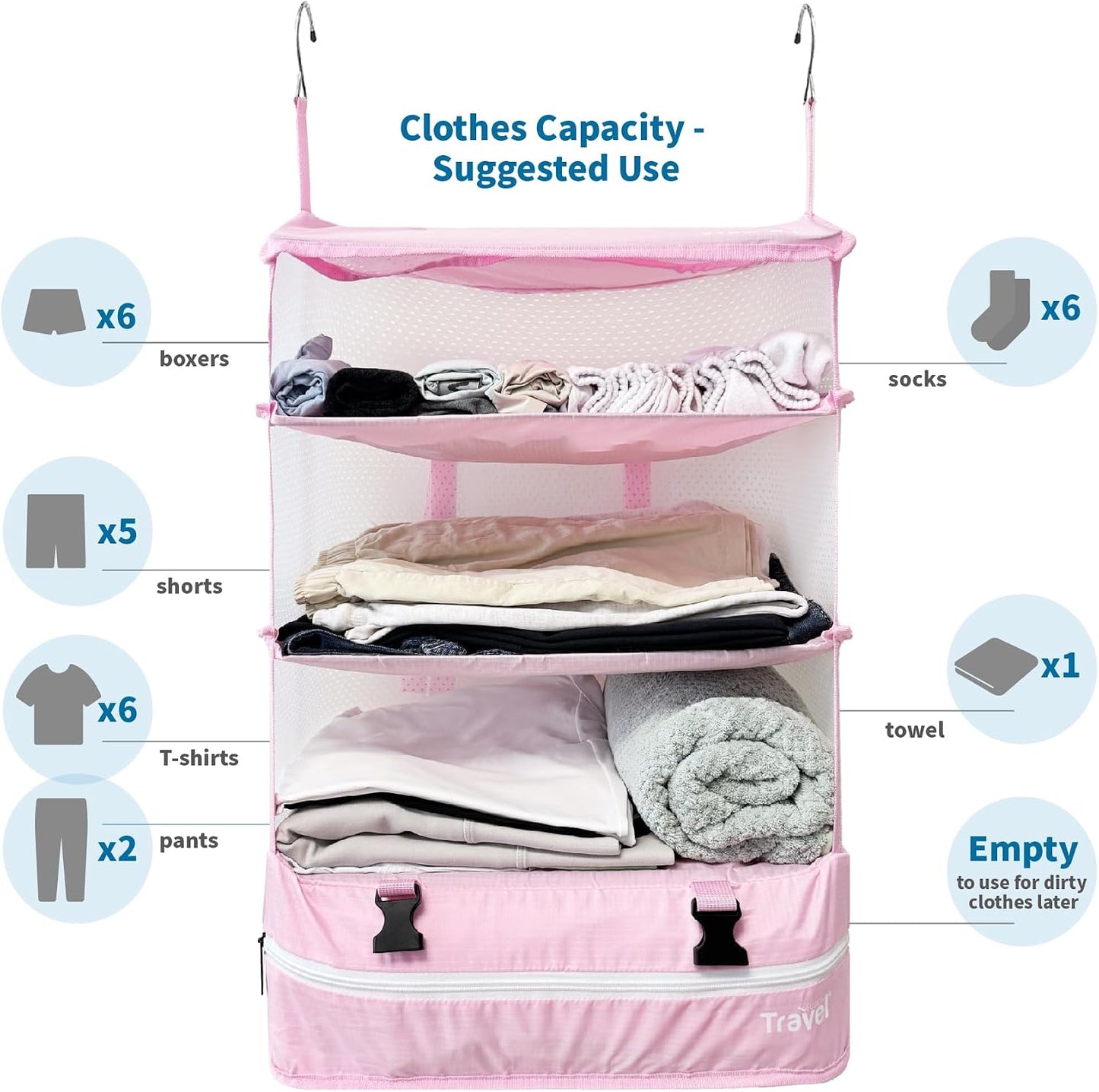 Grand Fusion Stow-N-Go Hanging Travel Shelves, Packing Organizer for Luggage. Carry on Closet for Suitcase. Expandable Packing Cube. Travel Essentials. (Black - L, L = (L) 11.8" x (W) 11.8")