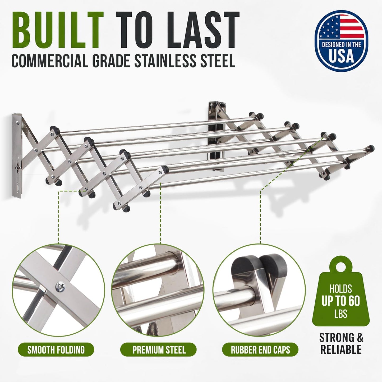 Smartsome Wall Mounted Clothes Drying Rack | Adjustable to Fit Your Space | 20 Linear Feet Drying Capacity | 8 Stainless Steel Rods | 60 lb Capacity | Fully Assembled | Compact Space-Saving Design