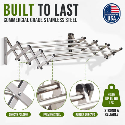 Smartsome Wall Mounted Clothes Drying Rack | Adjustable to Fit Your Space | 20 Linear Feet Drying Capacity | 8 Stainless Steel Rods | 60 lb Capacity | Fully Assembled | Compact Space-Saving Design