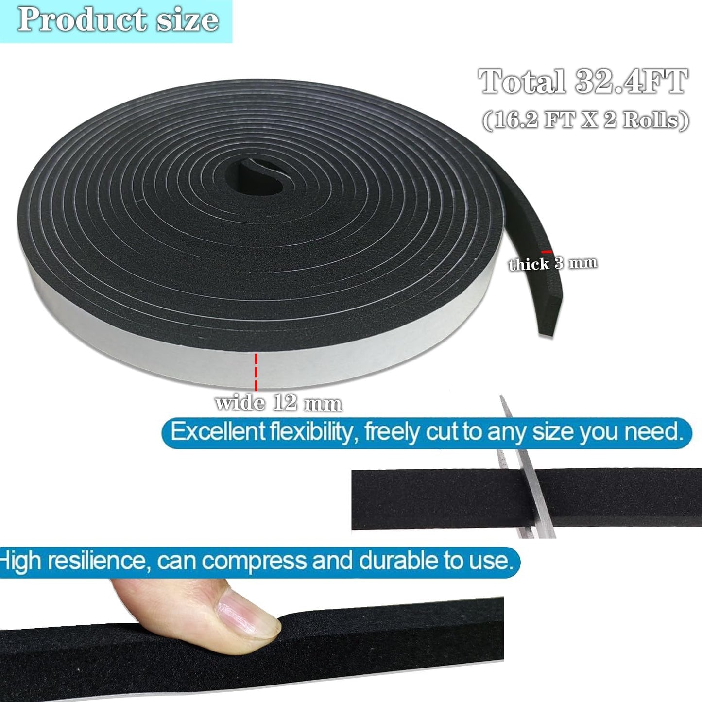 Thin Weather Stripping Foam Tape 2 Rolls (1/4 in x 1/8 in x 16.4 FT), Self Adhesive Door Seal Strip for Narrow Gaps, Window Insulation, Draft Stopper, Soundproof Foam Tape Total 32.8 FT