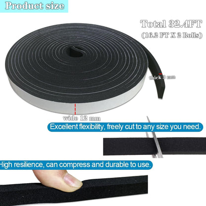 Thin Weather Stripping Foam Tape 2 Rolls (1/4 in x 1/8 in x 16.4 FT), Self Adhesive Door Seal Strip for Narrow Gaps, Window Insulation, Draft Stopper, Soundproof Foam Tape Total 32.8 FT