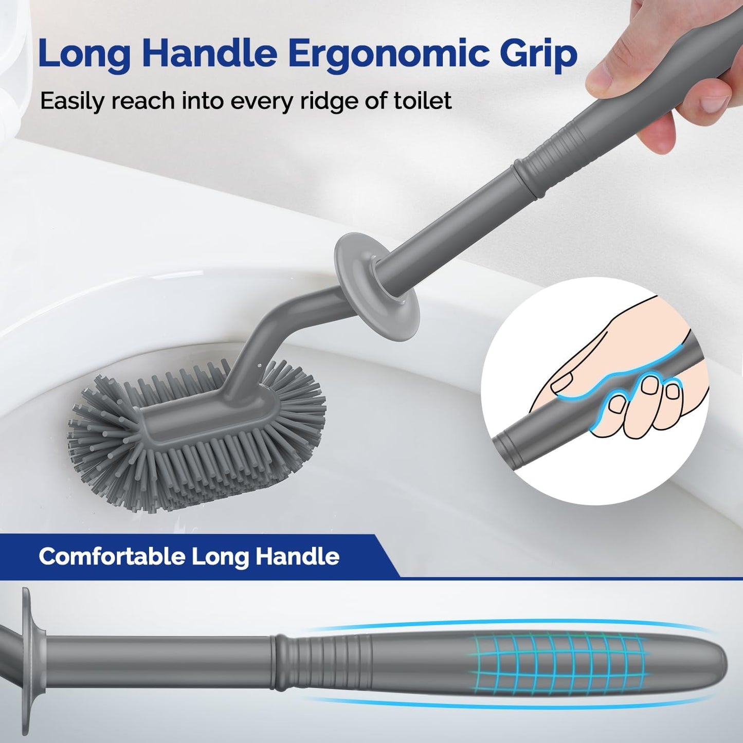 HAMITOR Toilet Bowl Brush Holder Set: Silicone Toilet Cleaner Brush with Curved Design Deep Cleaning Compact Hidden Scrubber for Bathroom Small Space - Modern Rv Toilet Decor Accessories - Gray
