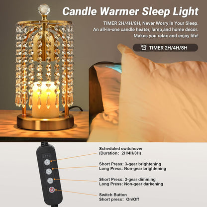 Gold Candle Warmer Lamp with Timer and Dimmer - Electric Candle Warmer,Crystal Candle Lamp for Bedroom Decor,Flameless Scented Candle Light Warmer,House Warming Gift New Home for Women