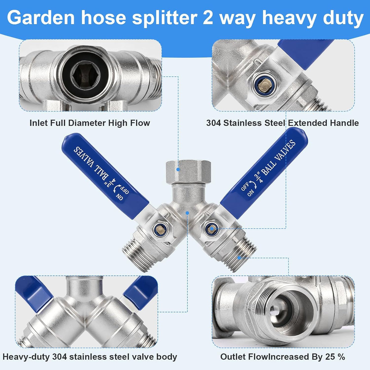 Garden Hose Splitter 2 Way, 304 Stainless Steel Heavy Duty Y Valve, Full Flow with Long Handle, Independent Shutoff Valves, Lead-Free 3/4" GHT Thread Outdoor Faucet Adapter