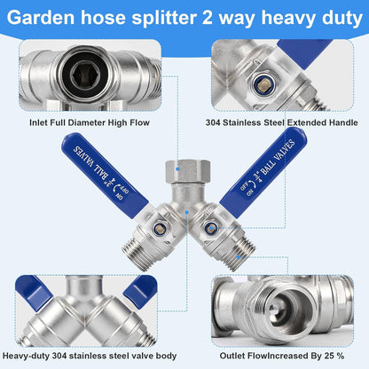 Garden Hose Splitter 2 Way, 304 Stainless Steel Heavy Duty Y Valve, Full Flow with Long Handle, Independent Shutoff Valves, Lead-Free 3/4" GHT Thread Outdoor Faucet Adapter