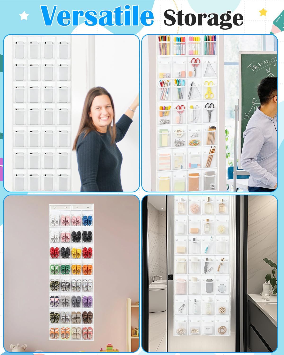 Classroom Headphone Storage Organizer with 28 Large Pockets and 100 Labels | Fabric Durable Classroom Pocket Chart Over The Door Hanging Headphone Holder Bag School Supplies Teacher Essentials, Grey