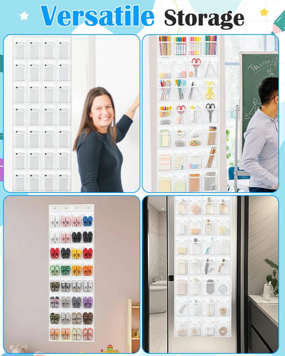 Classroom Headphone Storage Organizer with 28 Large Pockets and 100 Labels | Fabric Durable Classroom Pocket Chart Over The Door Hanging Headphone Holder Bag School Supplies Teacher Essentials, Grey