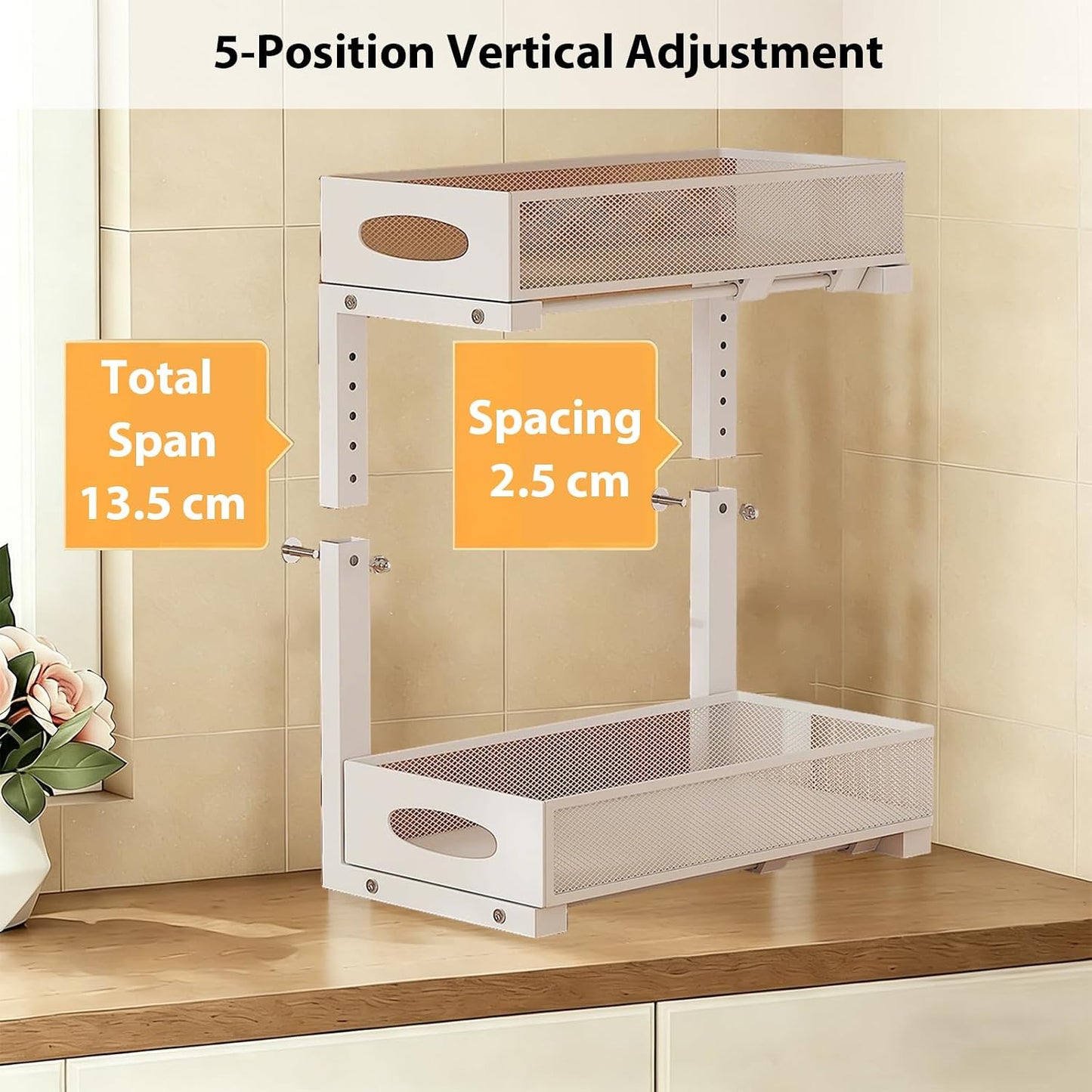 2 Pack Under Sink Organizer, 3-Tier Pull Out Kitchen Cabinet Organizer with 5 Adjustable Heights Metal Slide Out Bathroom Storage Makeup Drawer Rack for Bedroom Office Pantry Home Organization, White