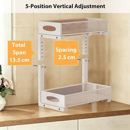 2 Pack Under Sink Organizer, 3-Tier Pull Out Kitchen Cabinet Organizer with 5 Adjustable Heights Metal Slide Out Bathroom Storage Makeup Drawer Rack for Bedroom Office Pantry Home Organization, White