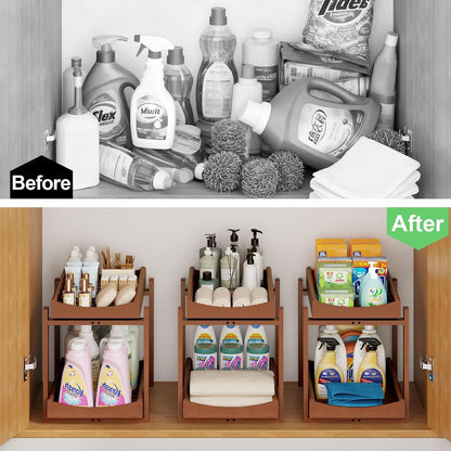 Bamboo Under Sink Organizer and Storage, 2 Pack Pull Out Cabinet Organization, 2 Tier Vertical Slide Out Undersink Storage Shelf, Multi-Purpose Organizer Shelves for Kitchen Bathroom Medicine