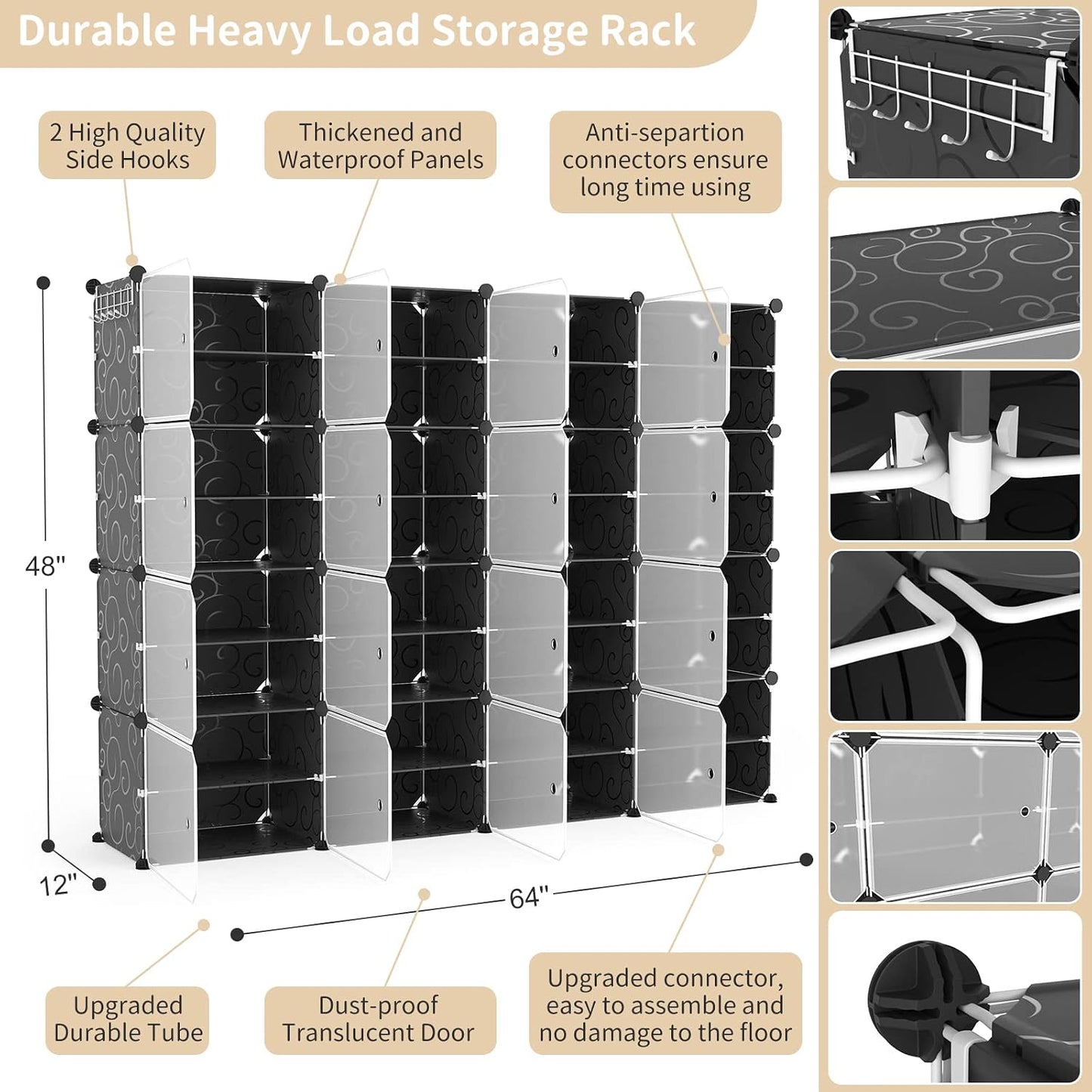 Portable Shoe Rack Organizer with Door, 96 Pairs Shoe Storage Cabinet Easy Assembly, Plastic Adjustable Shoe Storage Organizer Stackable Detachable Free Standing DIY Expandable 12 Tier Black