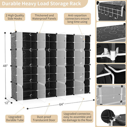 Portable Shoe Rack Organizer with Door, 96 Pairs Shoe Storage Cabinet Easy Assembly, Plastic Adjustable Shoe Storage Organizer Stackable Detachable Free Standing DIY Expandable 12 Tier Black
