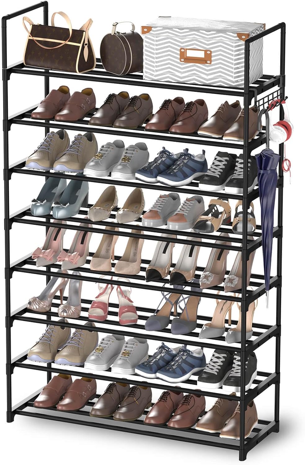 Hsscblet 5 Tiers Metal Shoe Rack,Adjustable Shoe Shelf Storage Organizer with Hooks,Stackable Boot & Shoe Storage,for Entryway,Hallway,Closet,Black