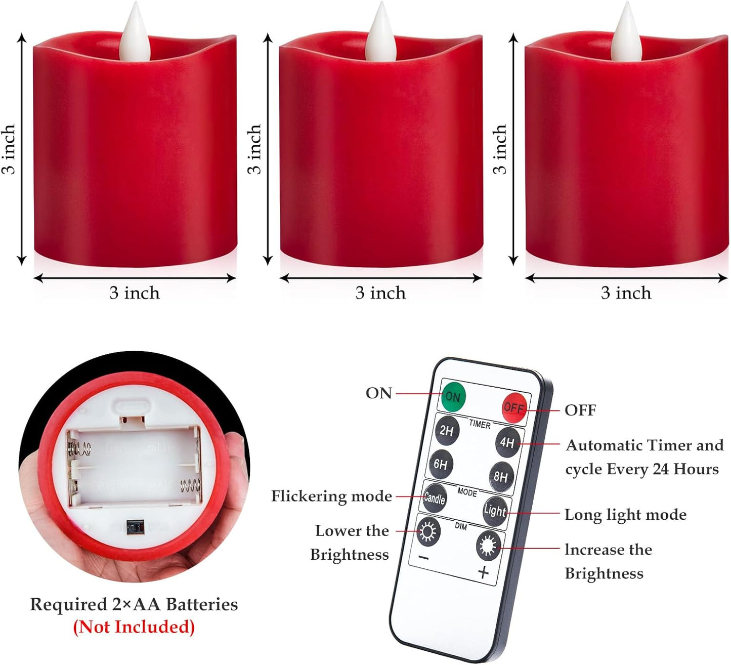 3"x4" Flickering Flameless Battery Candles with Timer, White Realistic LED Pillar Candles, Set of 2 Large Remote-Operated Candles for Home Indoor/Outdoor & Holiday Decor