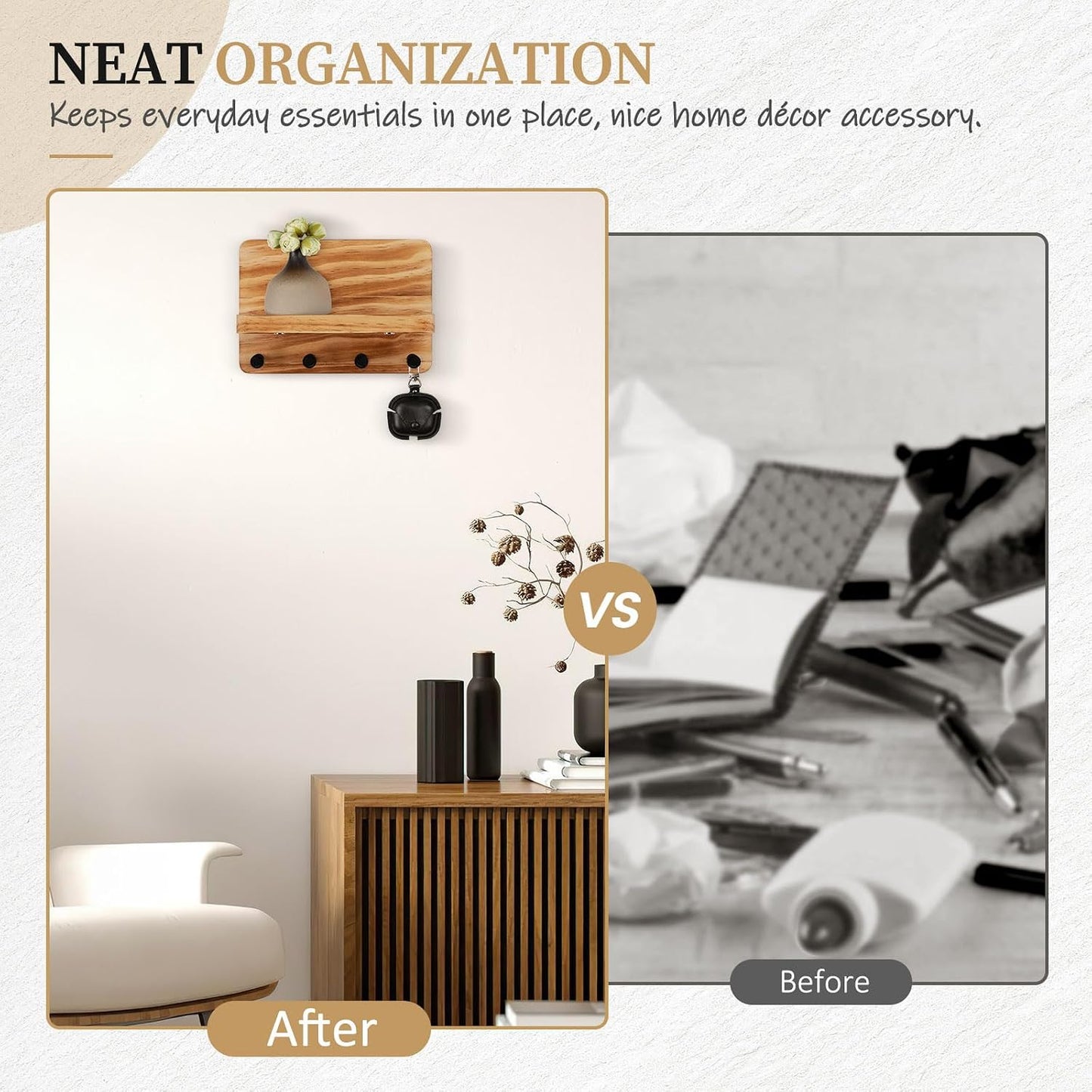Nekon Key Holder for Wall with Shelf, Pine Wooden Key Hanger Wall Mounted, Farmhouse Wall Organizer for Home Entryway & Apartment (Standard, Wood)