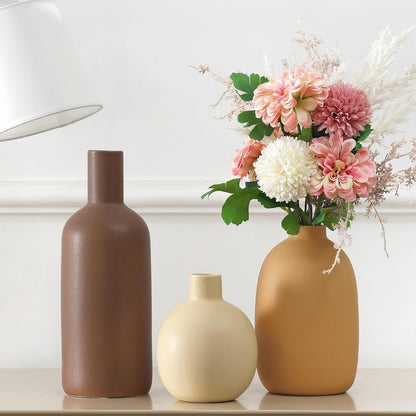 CUCUMI Ceramic Vase Set of 5, Home Decor Farmhouse Décor Handmade Pottery Vases for Pampas Grass, Dried Fresh Flowers, Table, Living Room, Kitchen, Shelf, Entryway Mantel Neutral Tones
