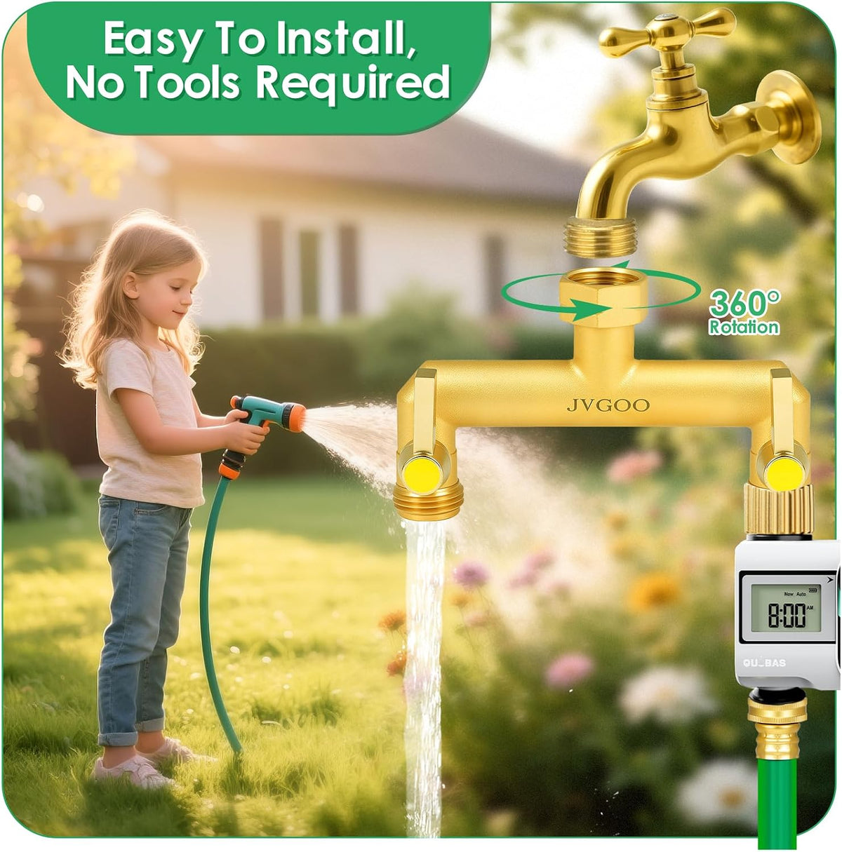 Garden Hose Splitter, Brass 3 Way Hose Splitter, 3/4" Water Hose Splitter 3 Way Heavy Duty with Metal Shutoff Valve and Extension Handle, Outdoor Faucet Splitter Water Spigot Splitter Manifold