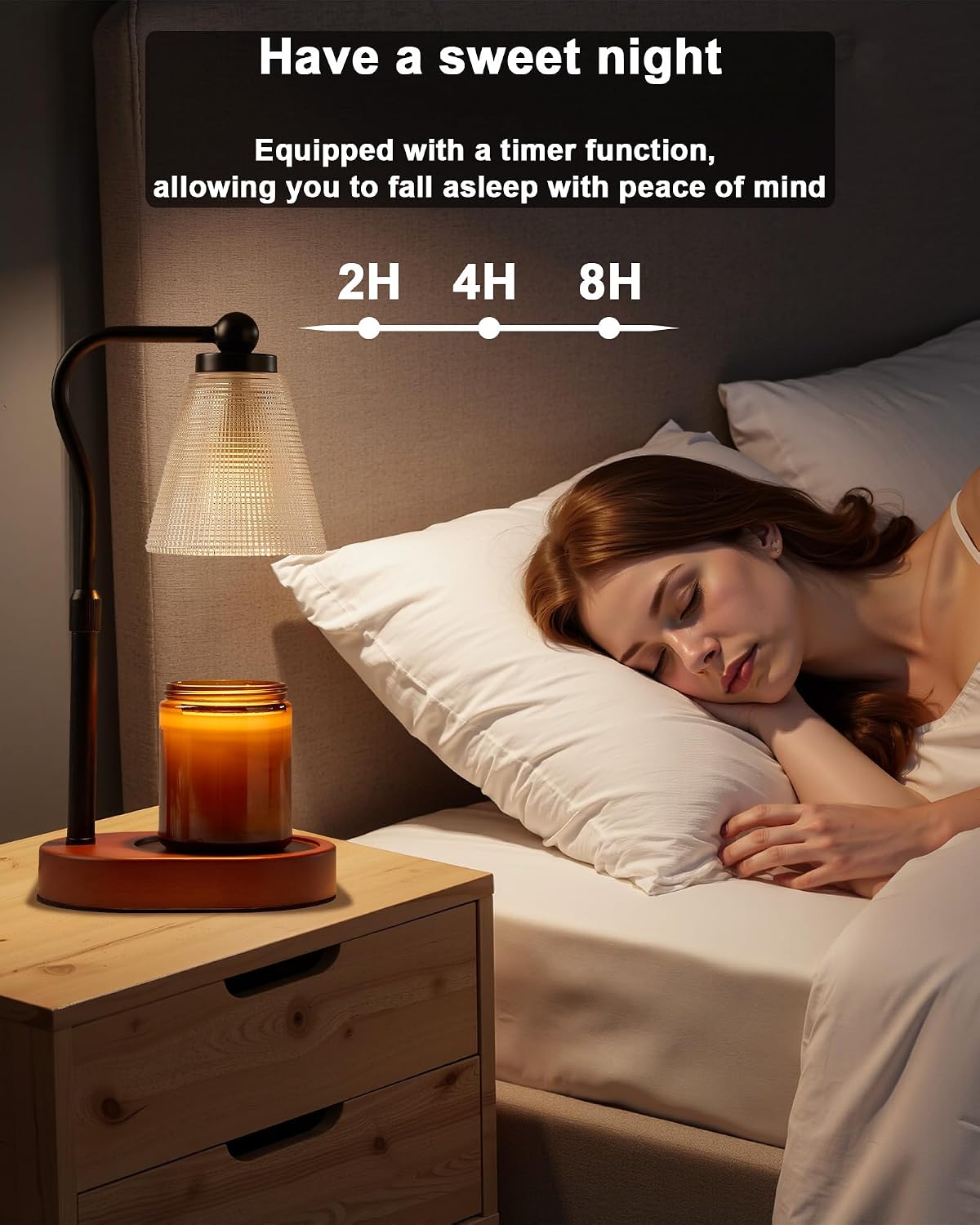 Candle Warmer Lamp with Timer - Adjustable Height & Brightness - Wood Base Glass Shade - 2 Bulbs Included(Square Gold)