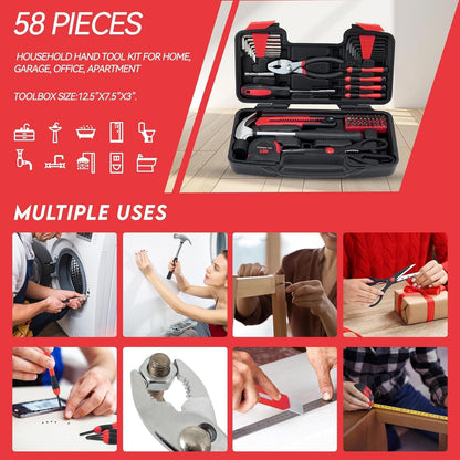 MARTCOLOR 58 Piece Household Tool Set, General Household Hand Tool Kit with Plastic Toolbox Storage Case, All Purpose Household Tool Kit for Women, Girls and Ladies, Pink