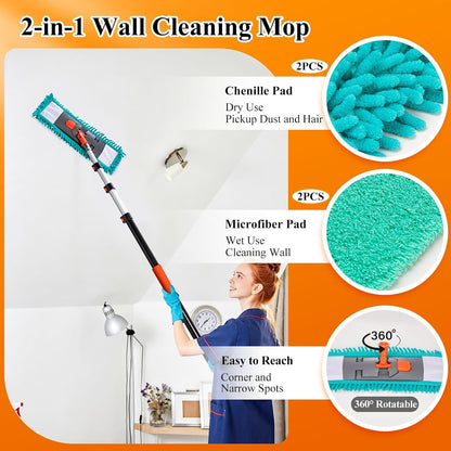 20ft High Ceiling Duster Kit with 4-12ft Heavy-Duty Extension Pole, Cobweb Duster, Ceiling Fan Duster, Window Squeegee & Cleaner, Microfiber Duster, Wall Mop for Home High Reach Cleaning