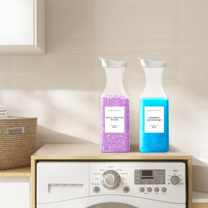 Laundry Detergent Dispenser Bottle 40oz with Waterproof Label for Laundry Detergent Soap Fabric Softener Bleach Scent Booster Beads, Sturdy PET Bottle for Laundry Room Decor 2 Pack White