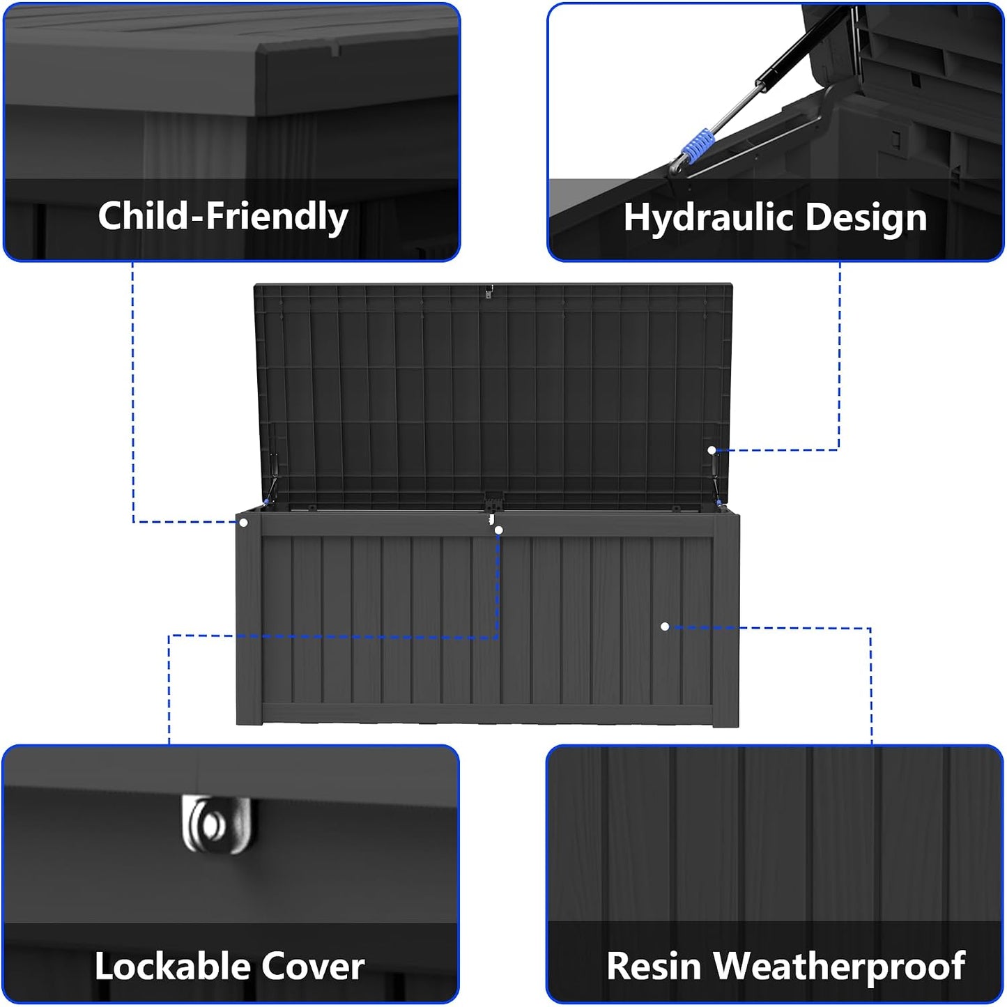 320 Gallon Outdoor Storage Box Resin Deck Box All Weather Waterproof Large Lockable Storage Container Deck Box for Patio Furniture, Garden Tools, Lockable, Black