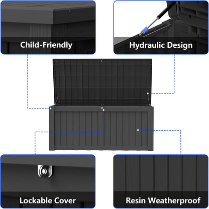 320 Gallon Outdoor Storage Box Resin Deck Box All Weather Waterproof Large Lockable Storage Container Deck Box for Patio Furniture, Garden Tools, Lockable, Black