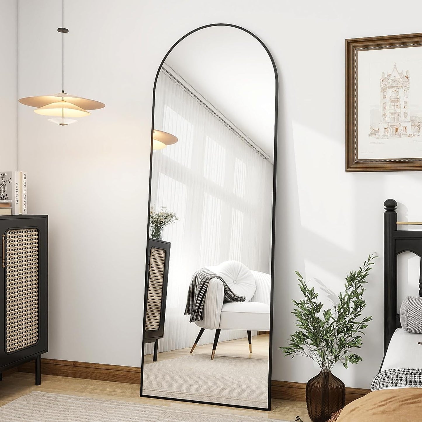 OGCAU Floor Full Length Mirror, 56"x20" Arched Full Body Mirror, Hanging or Leaning, Standing, Wall Mounted with Aluminum Frame for Bedroom Living Room, White