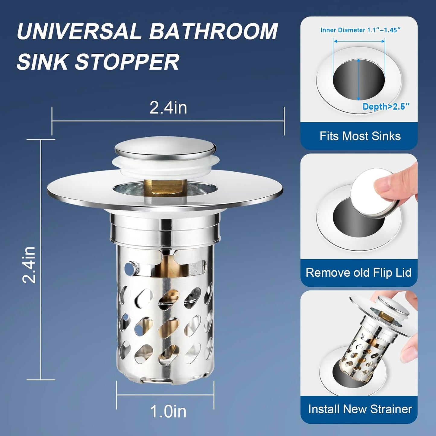 2 Pcs Bathroom Sink Drain Strainer, Universal Pop Up Stopper with Removable Stainless Steel Hair Catcher Basket