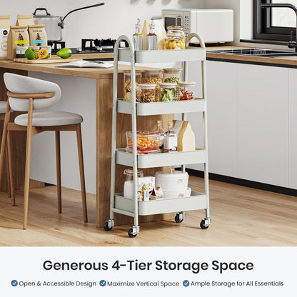 DUMOS 3 Tiers Rolling Cart, Utility Cart, Metal, White | Mobile Storage, Lockable Wheels, Utility Shelving Unit, Kitchen, Bathroom, Laundry, Narrow Places