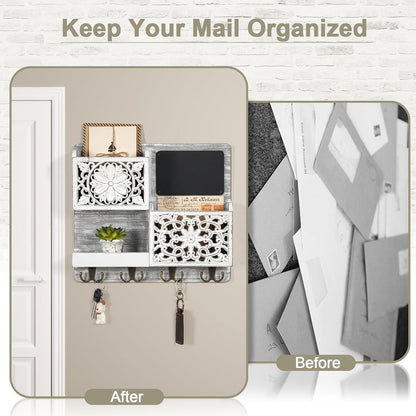 Mail Organizer Wall Mounted, 2 Slots Key Holder for Wall with 8 Hooks, Rustic Wood Key Rack with Shelf for Entryway Hallwall Farmhouse