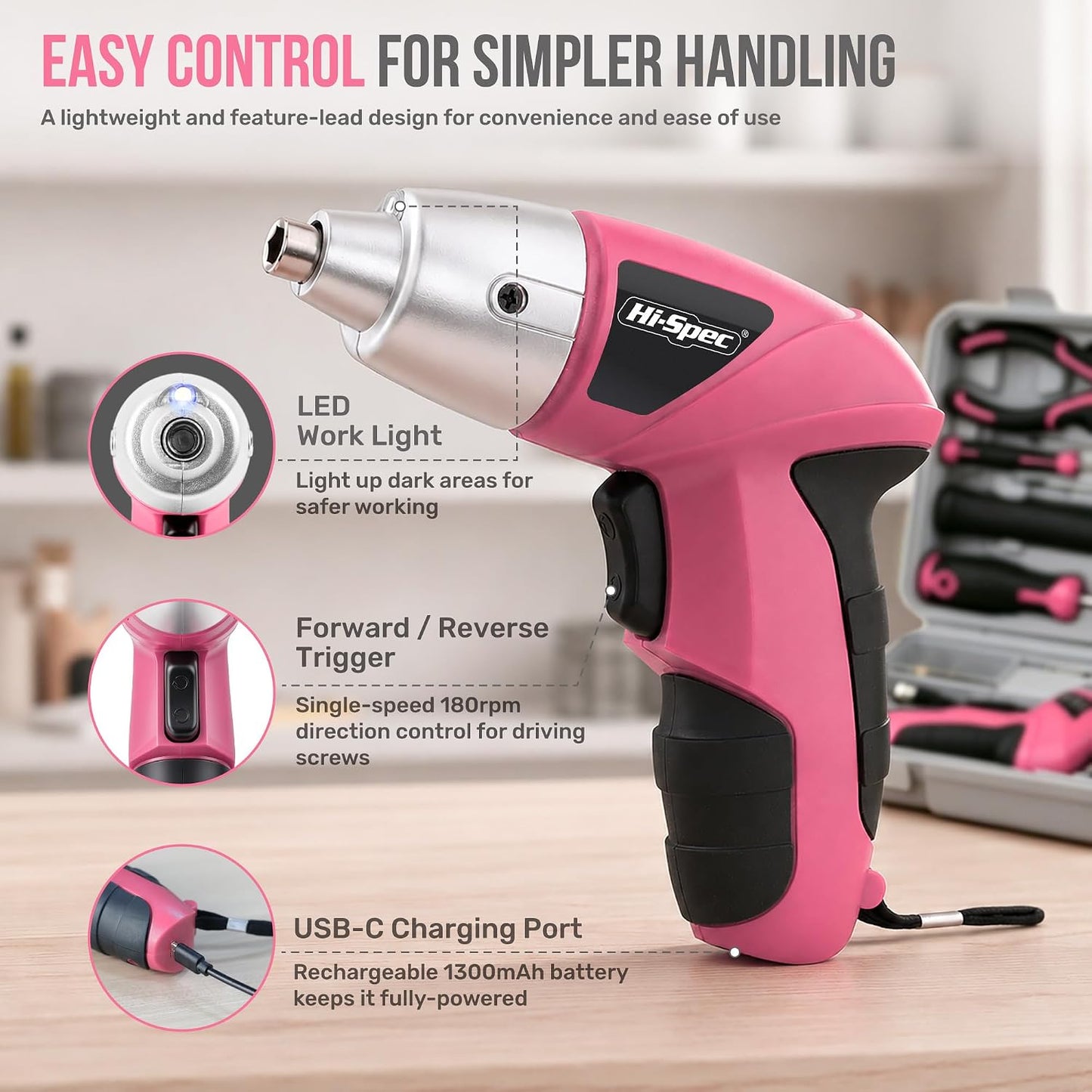 Hi-Spec 4V Electric Screwdriver Tool Kit Set. Cordless USB Rechargeable Screwdriver with Home Repair Tools. 42pc Compact Portable Case, DIY Kit for Beginners and the Household - Green