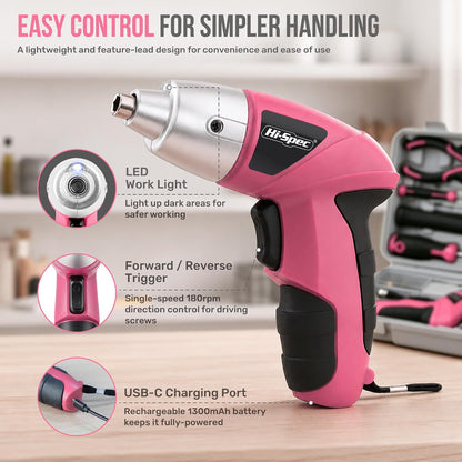 Hi-Spec 4V Electric Screwdriver Tool Kit Set. Cordless USB Rechargeable Screwdriver with Home Repair Tools. 42pc Compact Portable Case, DIY Kit for Beginners and the Household - Green