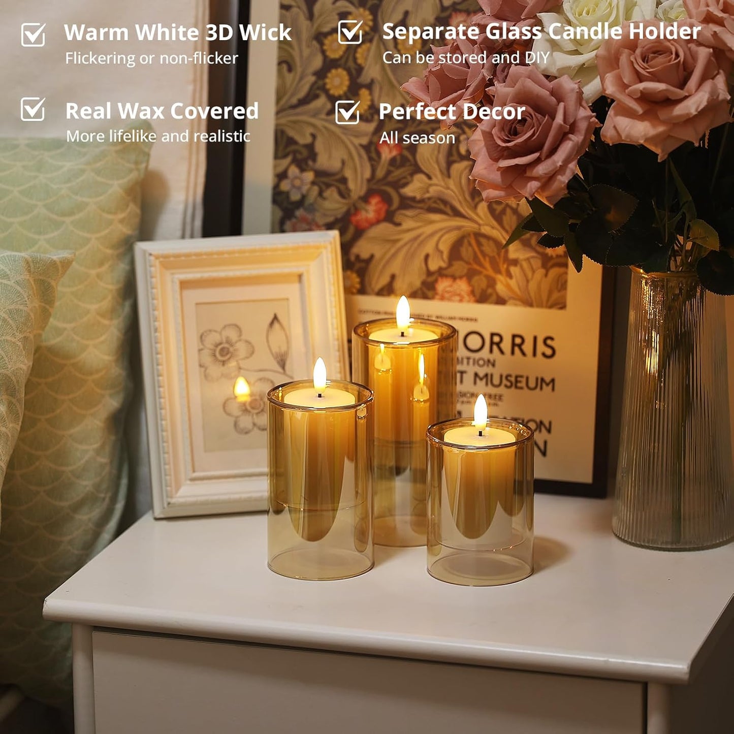 NURADA Flameless Candles with Remote Timer - Glass Real Wax 3D Wick LED Pillar Votive Candle Set Battery Operated Flickering Light for Home Christmas Decoration - White 3 Pack