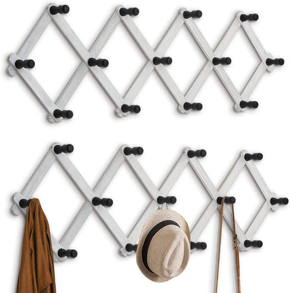 WGFKVAS 2 Pack Accordion Hat Rack for Wall - Expandable Coat Rack & Wall Mounted Hat Holder - Wooden Wall Hanger with 10 Peg Hooks for Coats, Baseball Caps, Keys & Mugs