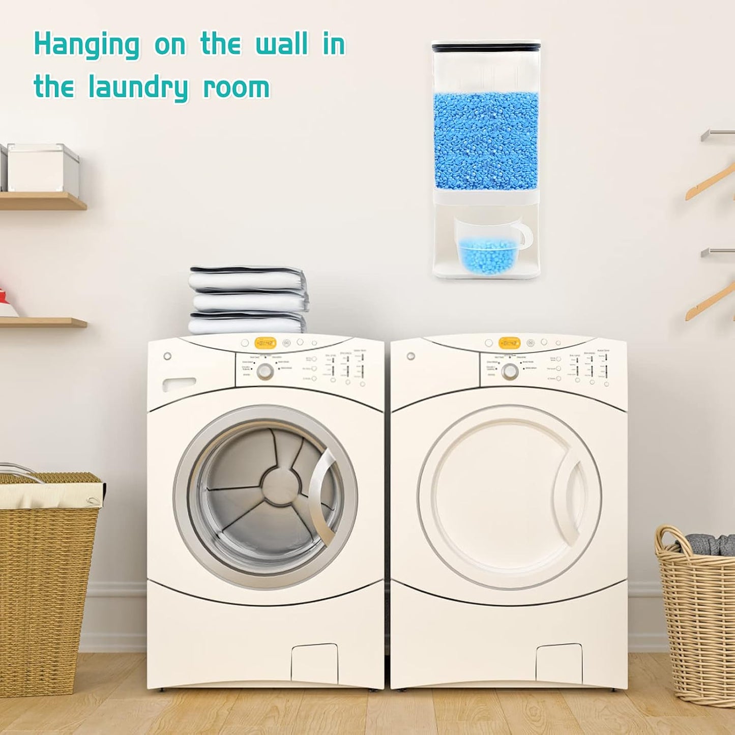 Detergent Dispenser for Laundry Room,Wall-Mounted Laundry Detergent Dispenser with Spigot Cup Holder,Suitable for Soap Beads Rice Scent Boosters Dry Food Dog Food Dispenser Storage Containers(1L)