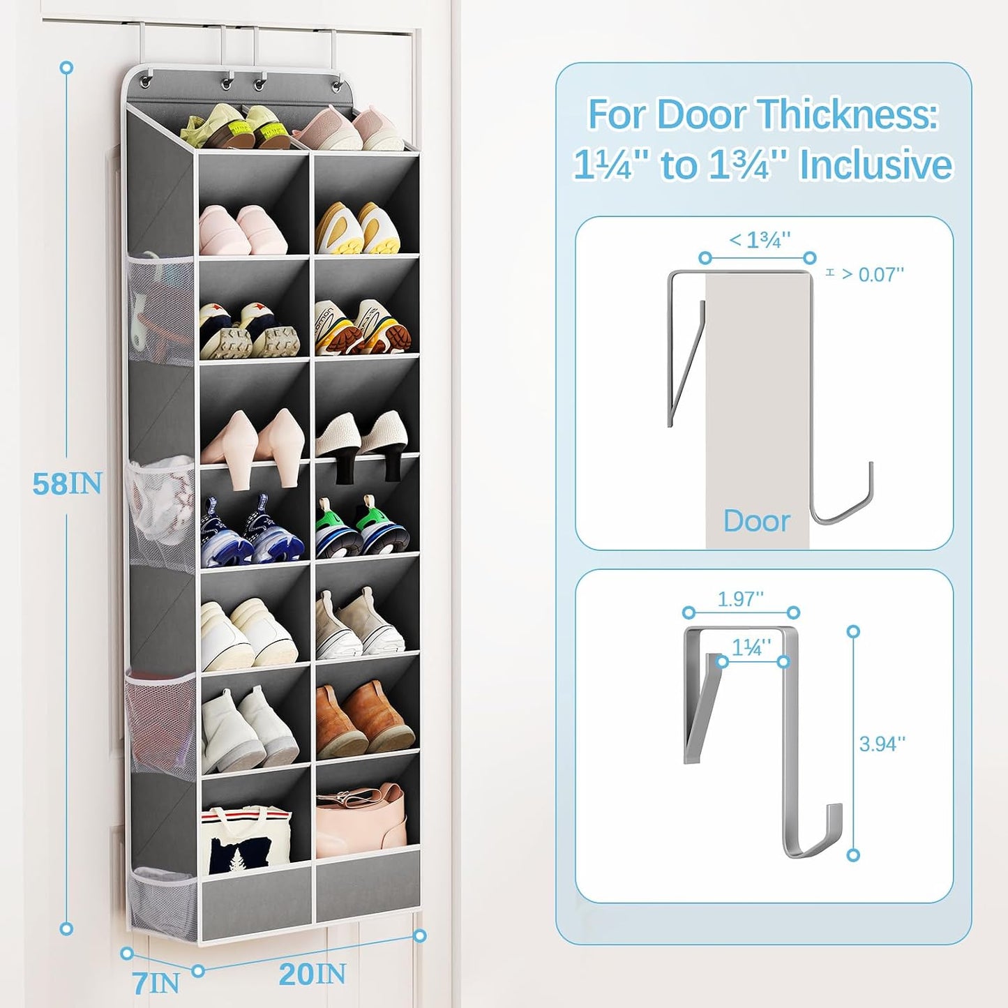 Yecaye 30 Pairs Over the Door Shoe Organizer, Large Capacity Hanging Shoe Rack for Door Hanger with Deep Pockets, Heavy Duty 10 Tier Shoe Holder for Sneakers Boots Heels College Dorm Essentials, Black