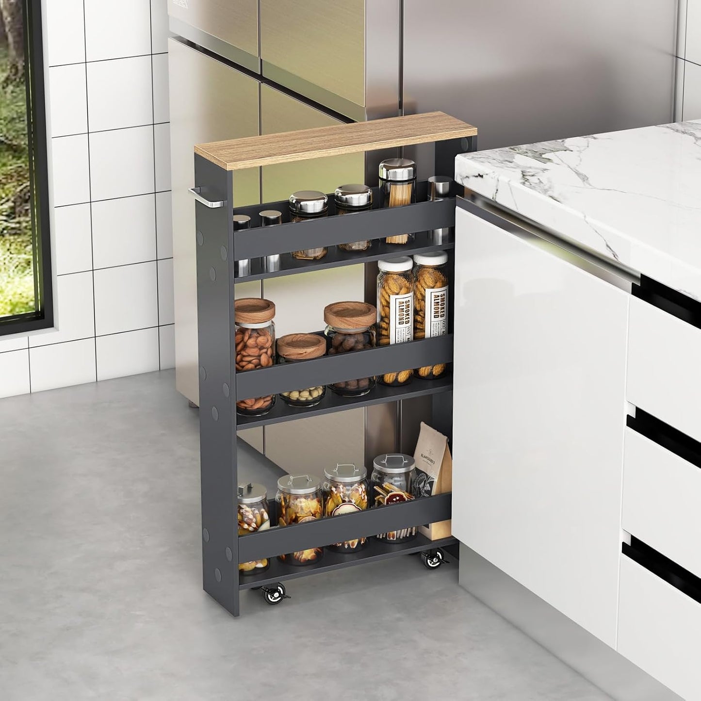 COSTWAY Slim Rolling Storage Cart, 4-Tier Rolling Utility Cart, Wood Kitchen Storage Cart with Handle & Wheels, Narrow Rolling Shelving Unit for Kitchen Bathroom Laundry Small Places (Plain White)