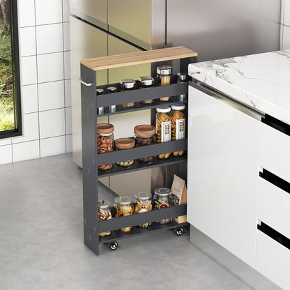 COSTWAY Slim Rolling Storage Cart, 4-Tier Rolling Utility Cart, Wood Kitchen Storage Cart with Handle & Wheels, Narrow Rolling Shelving Unit for Kitchen Bathroom Laundry Small Places (Plain White)
