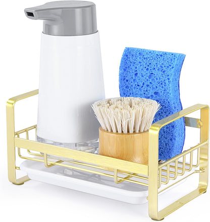 HULISEN Kitchen Sink Sponge Holder, 304 Stainless Steel Kitchen Soap Dispenser Caddy Organizer, Countertop Soap Dish Rack Drainer with Removable Drain Tray, not Including Dispenser and Brush