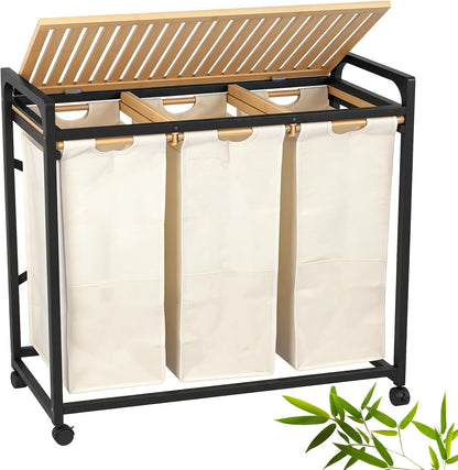 Bamboo Laundry Hamper 3 Section with Lid, 150L Laundry Sorter with Lockable Wheels, Pull-Out Removable Washable Bags, 3 × 12.5 Gal Divided Laundry Baskets for Laundry Room, Bathroom (White)