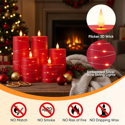 Raycare Flameless Candles with Remote Timer, Flickering Battery Operated LED Pillar Fake Candle with String Lights for Home Decor, Christmas, Wedding and Gift, White, Set of 3
