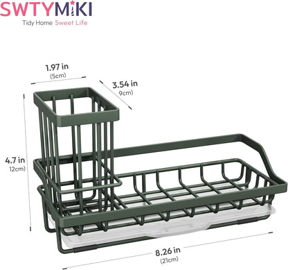 SWTYMIKI Sink Caddy Sponge Holder - Kitchen Sink Organizer with High Brush Holder for Countertop to Hold Dish Soaps and Sponges, Stainless Steel, Black
