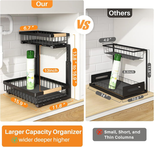 PXRACK Under Sink Organizer, Adjustable Height, 2 Tier Pull Out Under Cabinet Organizer, Slide Out Thickened Metal Under Sink Storage for Kitchen Bathroom Laundry Pantry Cabinet, White, Large-1-Pack