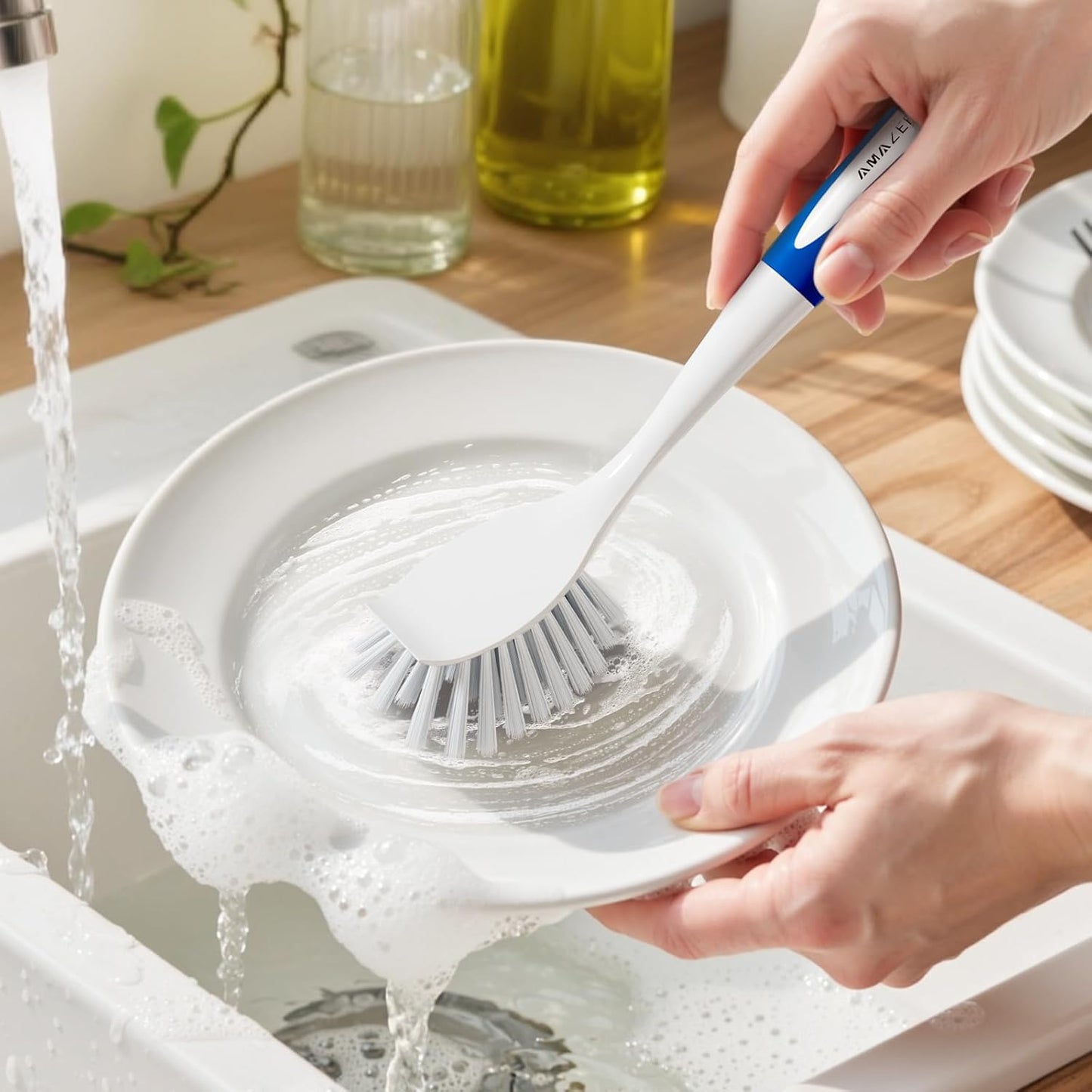 Amazer Dish Brush with Handle, 2 Pack Kitchen Scrub Brushes for Cleaning, Dish Scrubber with Stiff Bristles for Sink, Pots, Pans